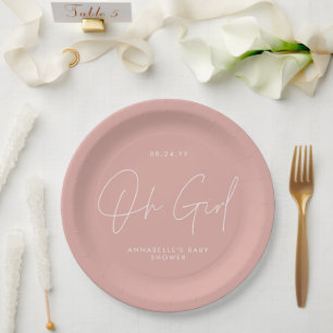 oh girl Baby shower script pink elegant  Paper Plate