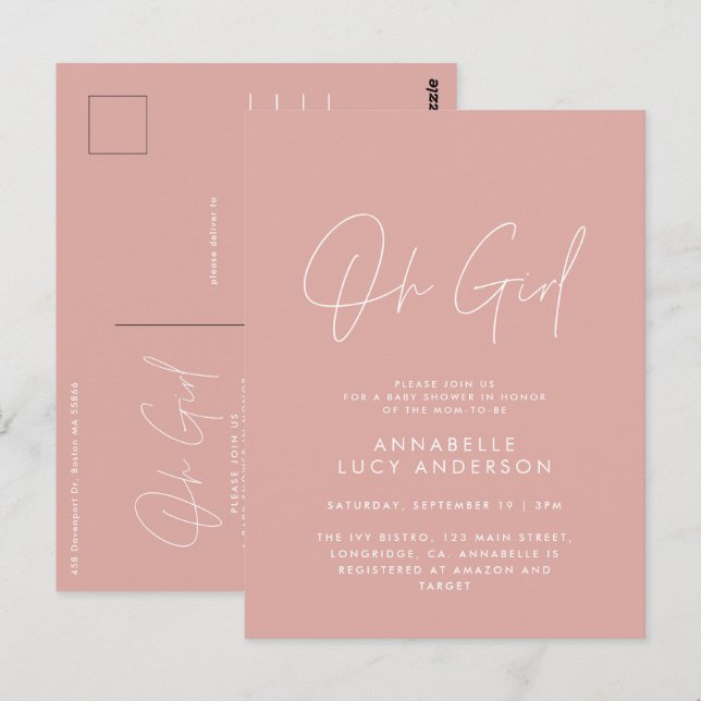 oh girl Baby shower script pink elegant  Postcard (Front/Back)