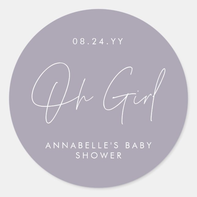 oh girl Baby shower script purple lilac elegant  Classic Round Sticker (Front)