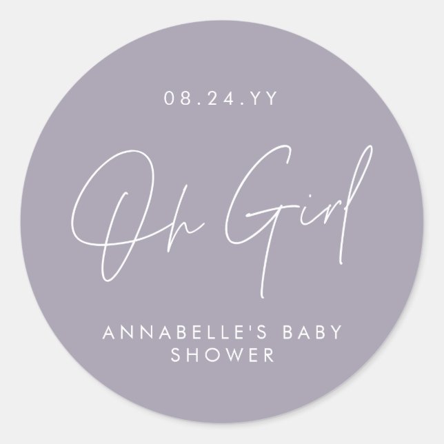 oh girl Baby shower script purple lilac elegant Classic Round Sticker (Front)