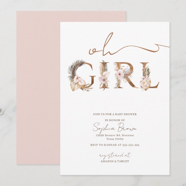 Oh Girl Boho Tropical Flowers Girl Baby Shower Invitation (Front/Back)