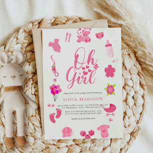 Oh Girl Cute Pink Frame  Baby Shower Invitation