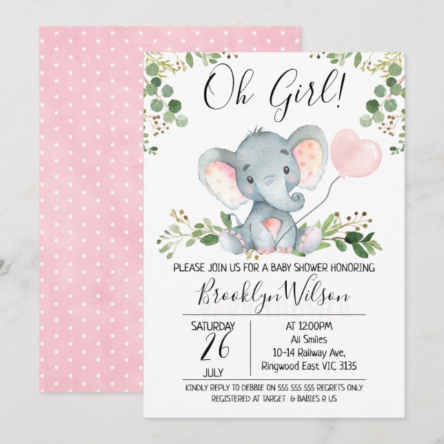 Oh Girl Elephant Balloon Baby Shower Invitation (Front/Back)