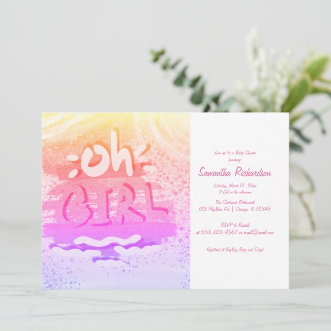 "OH GIRL" | Holography Pink and Gold Girl Shower Invitation (Standing Front)