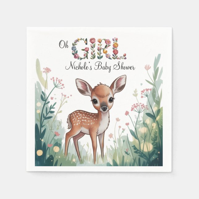 Oh Girl: Little Deer Fawn Girl Baby Shower Napkin (Front)
