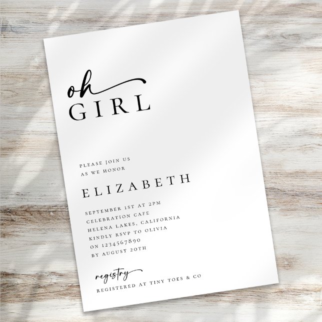Oh Girl Modern Minimalist Script Baby Shower Invitation (Creator Uploaded)