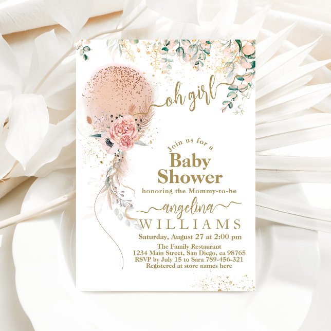 Oh Girl Pink Balloon Floral Eucalyptus Baby Shower Invitation (Creator Uploaded)