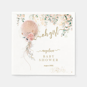 Oh Girl Pink Balloon Floral Eucalyptus Baby Shower Napkin