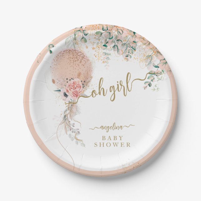 Oh Girl Pink Balloon Floral Eucalyptus Baby Shower Paper Plate (Front)