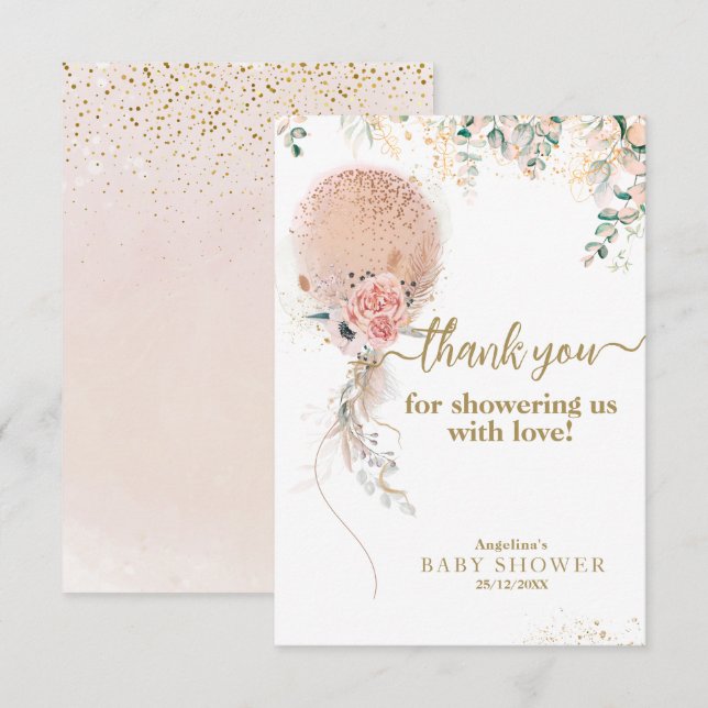 Oh Girl Pink Balloon Floral Eucalyptus Baby Shower Thank You Card (Front/Back)