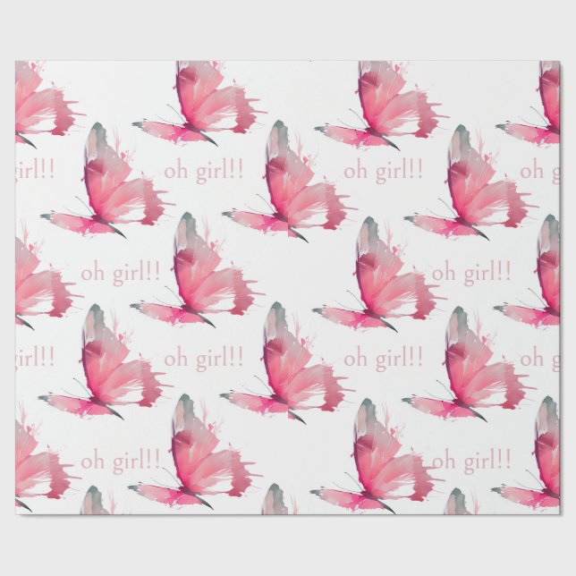 Oh Girl Pink Butterflies Baby Shower Wrapping Paper (Seam)