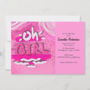 "OH GIRL" Pink Calligraphy Baby Girl Shower Invitation