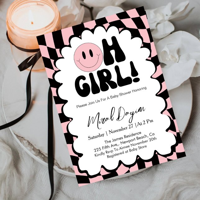 Oh Girl! Pink Checkered Happy Face Baby Shower Invitation (Creator Uploaded)