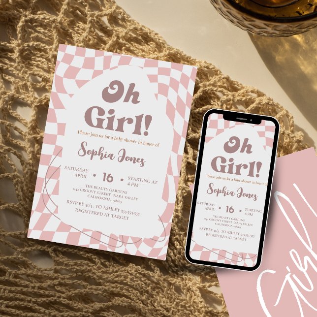 Oh Girl!  Pink Chequered | Gingham | baby shower  Invitation (Creator Uploaded)