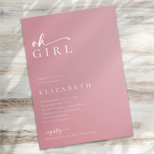 Oh Girl Pink Modern Minimalist Script Baby Shower Invitation (Creator Uploaded)