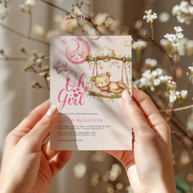 Oh Girl Pink Teddy Bear Baby Shower Invitation (Creator Uploaded)