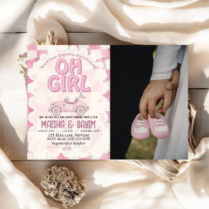 Oh Girl Race Car Pink Chequered Girl Baby Shower Invitation