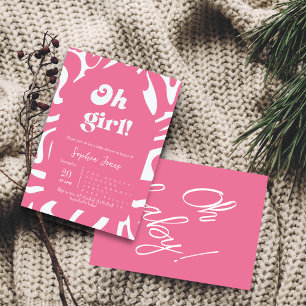 Oh Girl! Rose pink Chequered Gingham baby shower Invitation