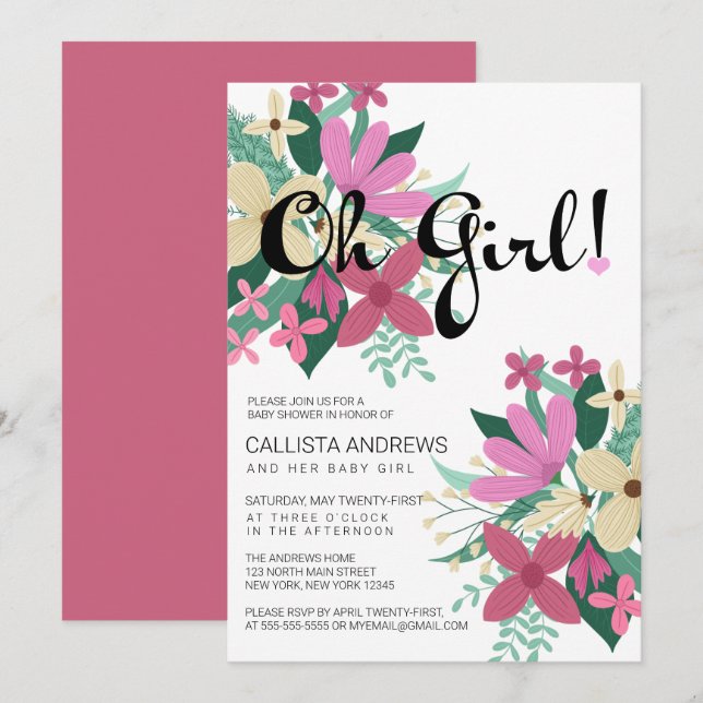 Oh Girly Pink Ivory Floral Bouquet Baby Shower Invitation (Front/Back)