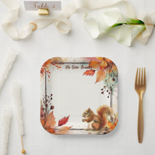 Oh Give Thanks, Thanksgiving Autumn Squirrel  Paper Plate