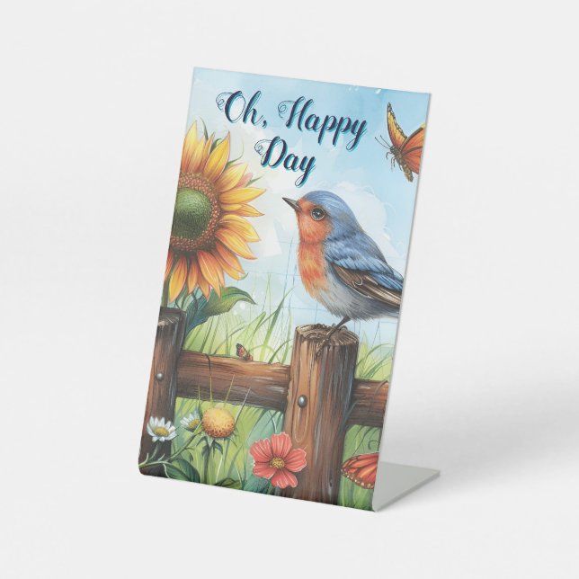 Oh Happy Day Bluebird and Sunflower Pedestal Sign (Front)