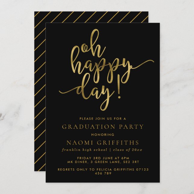 Oh Happy Day Gold Script Graduation Party Invite (Front/Back)