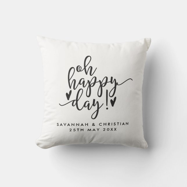 Oh Happy Day Script Personalised Wedding Pillow (Front)