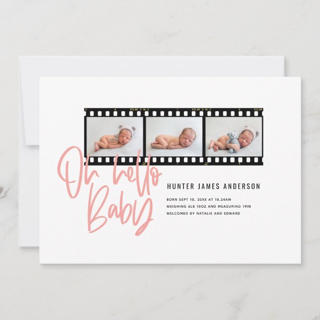 Oh Hello baby modern graphic multi photo film roll Announcement (Front)