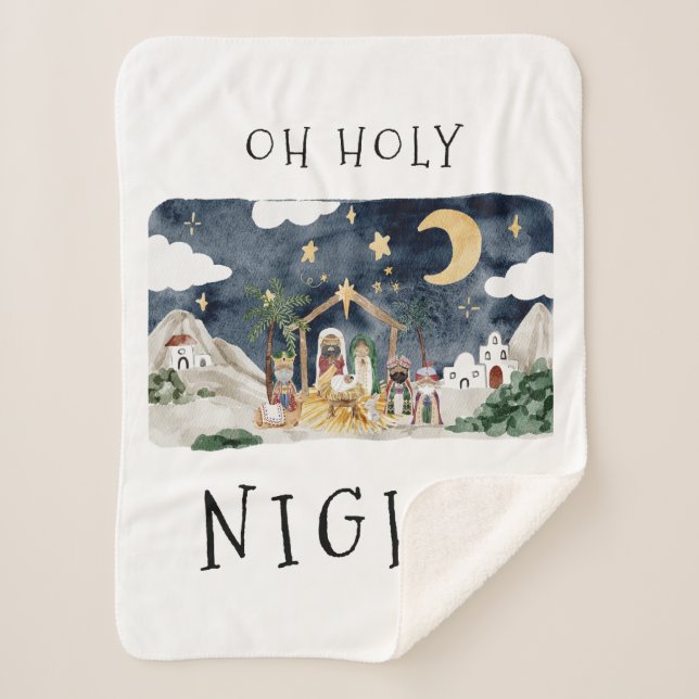 Oh Holy Night African American Nativity Christmas Sherpa Blanket (Front)