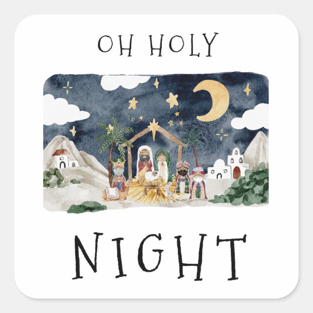 Oh Holy Night African American Nativity Christmas Square Sticker (Front)