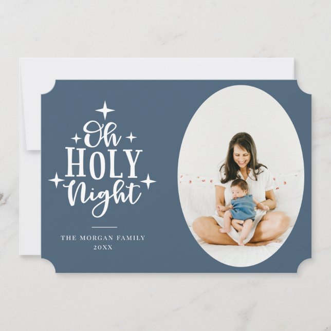 Oh Holy Night Blue Photo Holiday Card (Front)