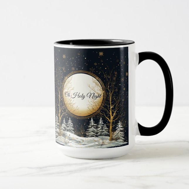 Oh Holy Night Christmas Black Gold Pine Trees   Mug (Right)