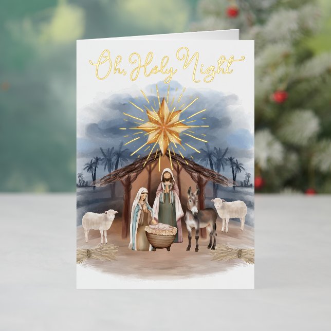Oh Holy Night Christmas Nativity Watercolor Foil Holiday Card (Holiday In Situ)
