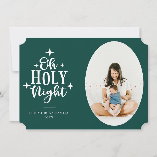Oh Holy Night Green Photo Holiday Card (Front)