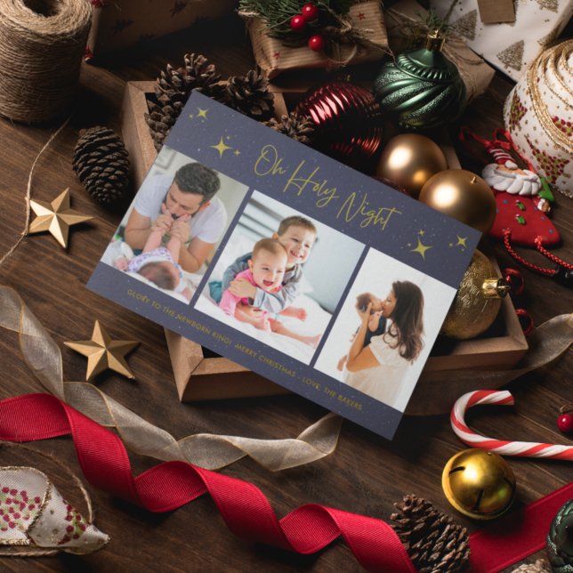 Oh Holy Night Religious Three Photo Family  Holiday Card (Creator Uploaded)