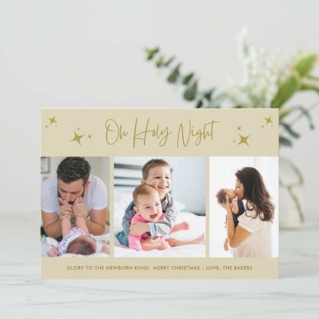 Oh Holy Night Religious Three Photo Family  Holiday Card (Standing Front)