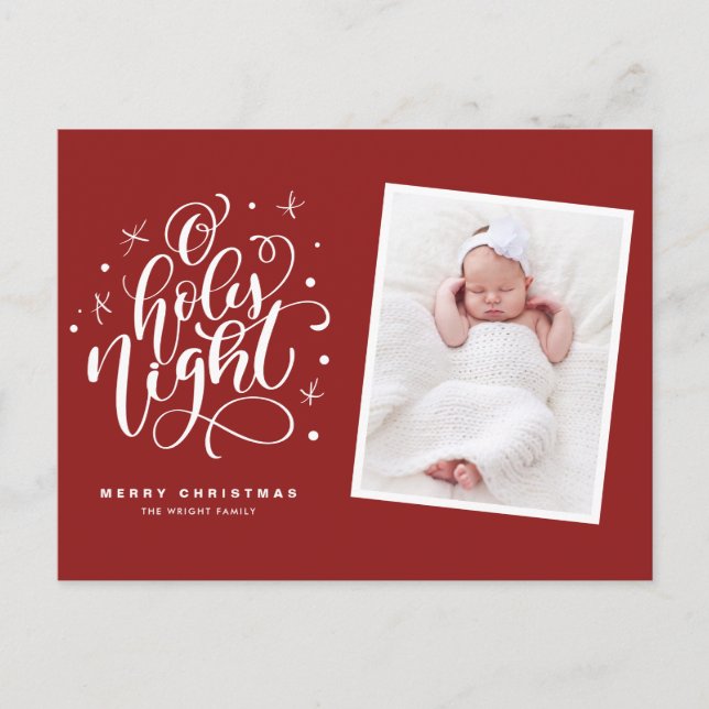 Oh Holy Night Script Red First Christmas Photo Holiday Postcard (Front)