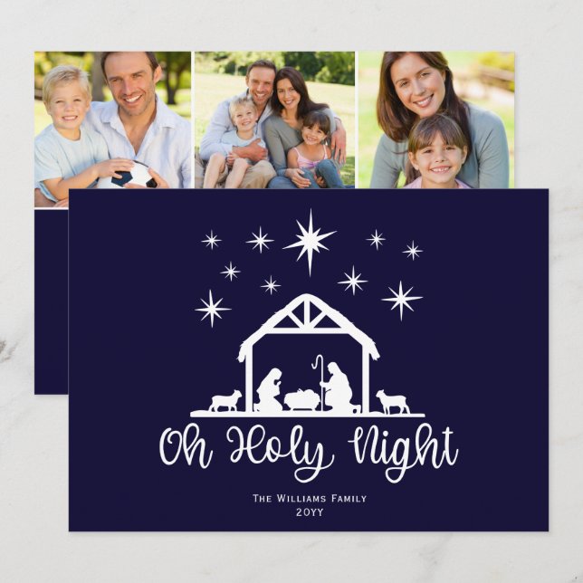Oh Holy Night Script Typography Nativity 3 Photo Holiday Card (Front/Back)