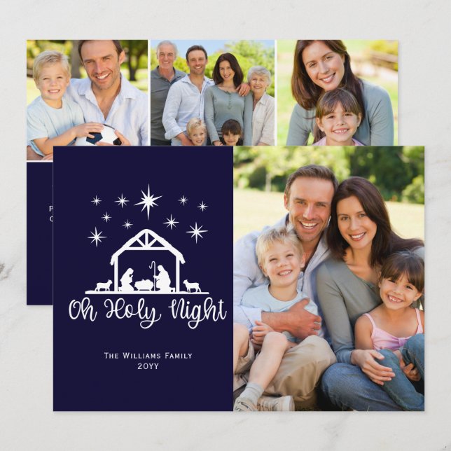 Oh Holy Night Script Typography Nativity 4 Photo Holiday Card (Front/Back)