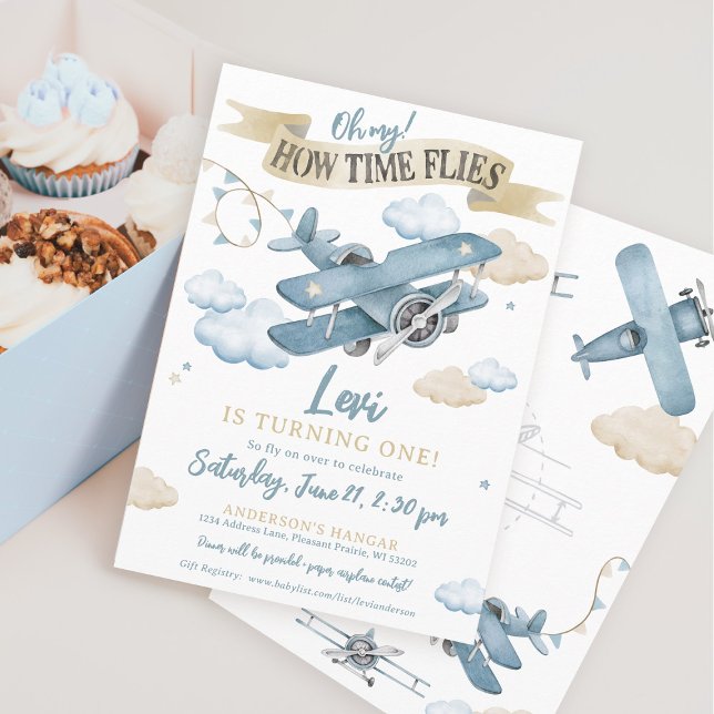 Oh How Time Flies Aeroplane Boy 1st Birthday Party Invitation (Cute watercolor airplane aviation clouds sky theme Time Flies boy 1st birthday party invitation)