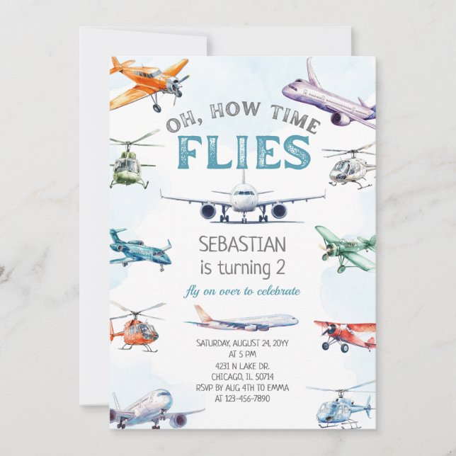 Oh How Time Flies Airplane Birthday Invitation (Front)