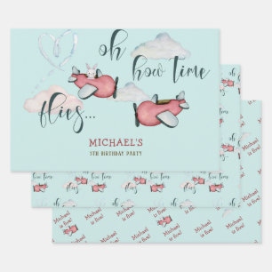 Oh how time flies retro plane boy birthday wrapping paper sheet