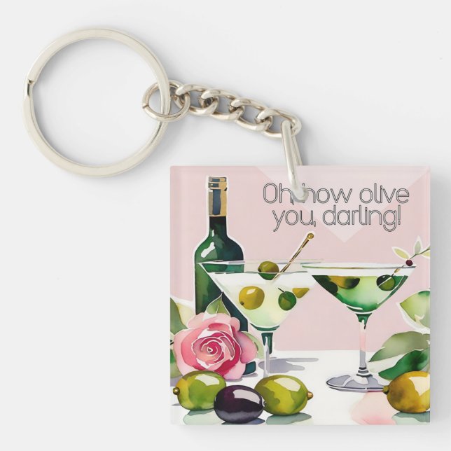 Oh I Olive you!  Punny 50s style martini magnet  Key Ring (Front)