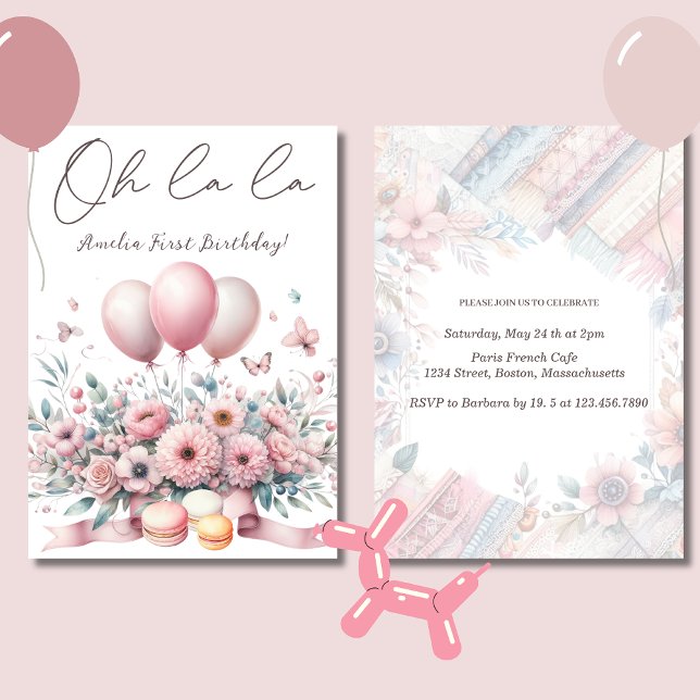 Oh la la Blush Pink Floral Baby Girl 1st Birthday Invitation (Creator Uploaded)
