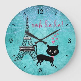 Oh La La Paris Cat With Eiffel Tower and Lights Large Clock