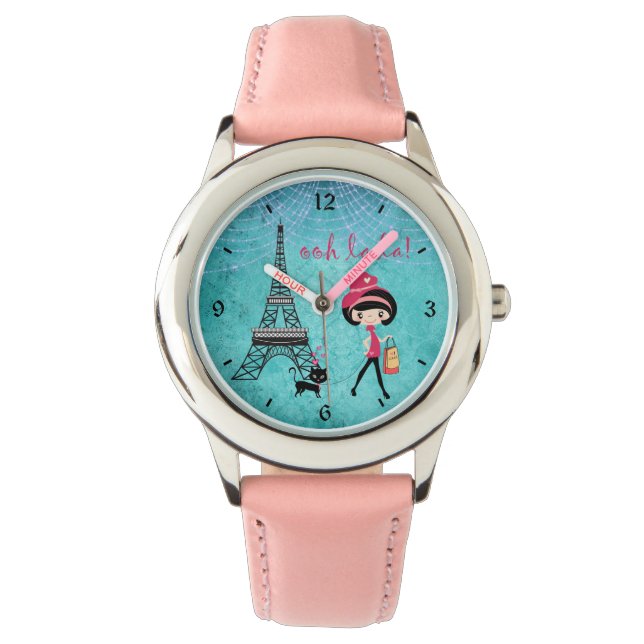 Oh La La Paris Girl and Cat With Eiffel Tower Watch (Front)