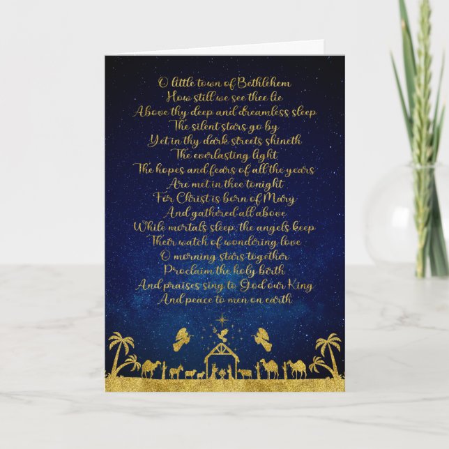 Oh Little Town of Bethlehem Gold Nativity Carol Holiday Card (Front)