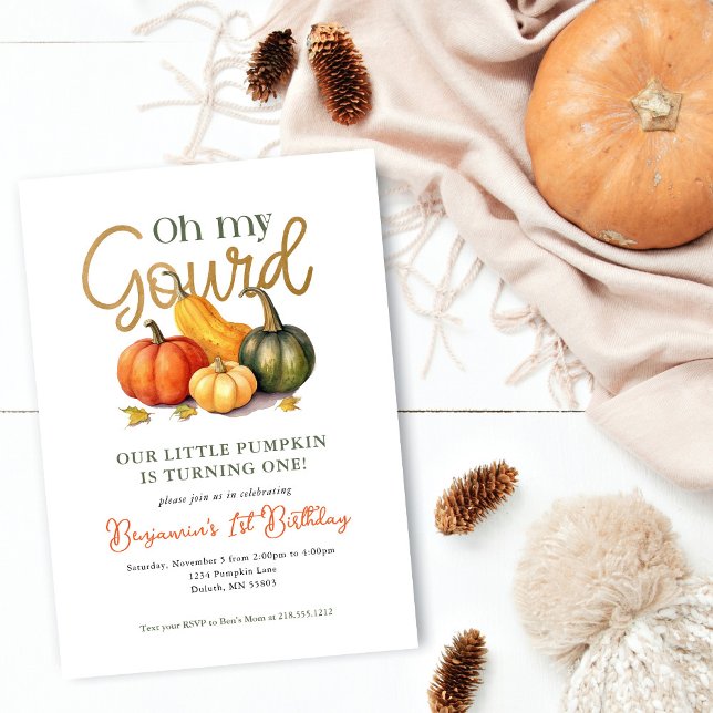 Oh My Gourd Little Pumpkin 1st Birthday Invitation (Oh My Gourd Little Pumpkin 1st Birthday Invitation. First Birthday invite. Gender neutral birthday.)