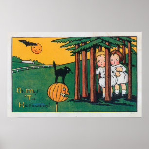 Oh My Tis Halloween Black Cat Scaring Kids Poster