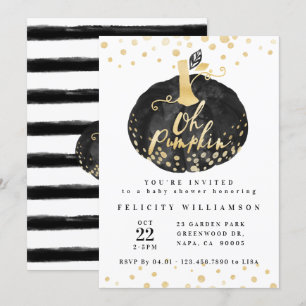 Oh Pumpkin   Chic Black & Gold Pumpkin Baby Shower Invitation